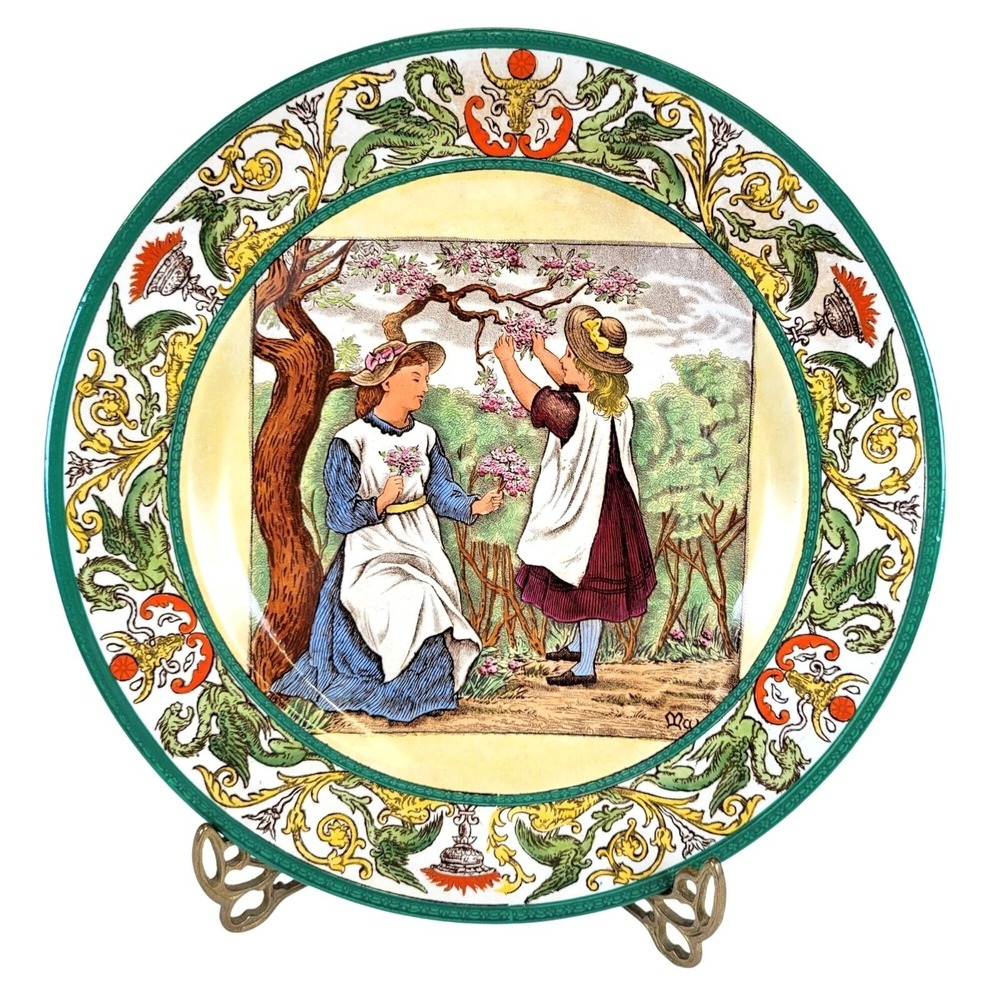 Antique Wedgwood Month Plate "May" Mother Girl Vibrant Green Florentine Etruria